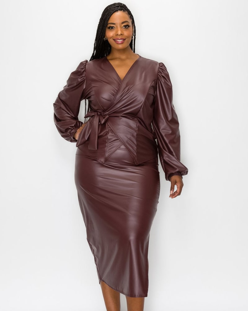 Faux Leather Wrap Top and Slit Skirt Set Burgundy Faux Leather